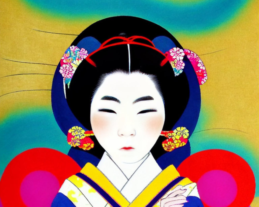 Colorful Geisha Illustration with Intricate Hair Ornaments