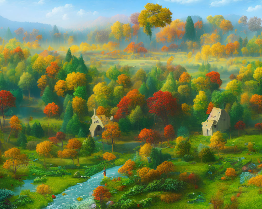 Scenic autumn landscape with river, colorful trees, and quaint houses