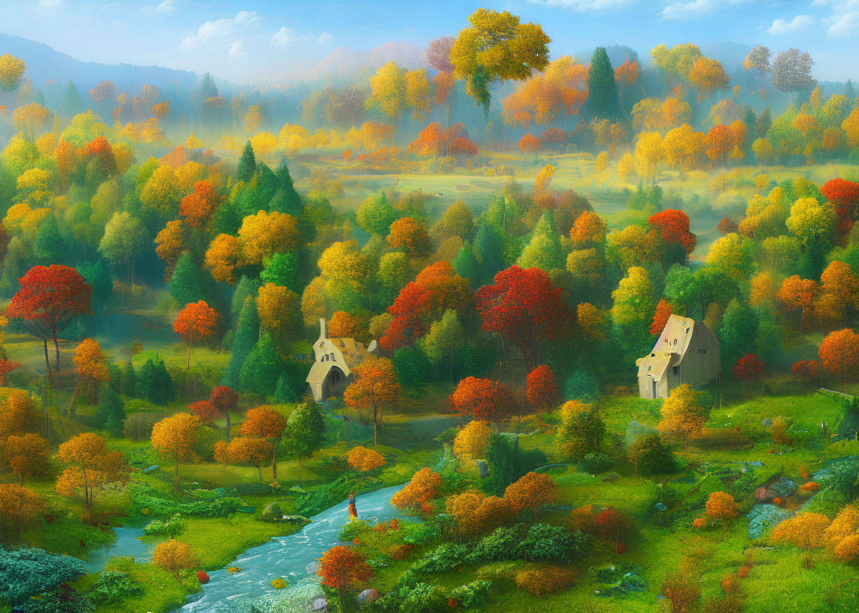 Scenic autumn landscape with river, colorful trees, and quaint houses