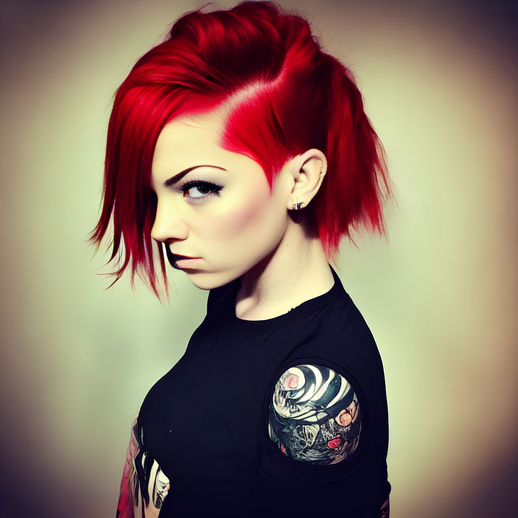 Serious person with red asymmetric hair and dark eyeliner in graphic black top