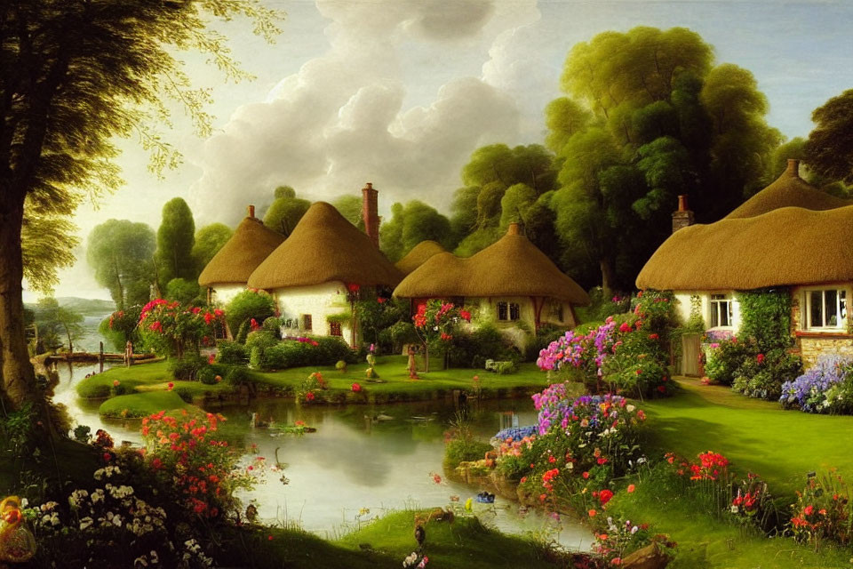 Thatched cottages, gardens, pond, flowers under cloud-dappled sky