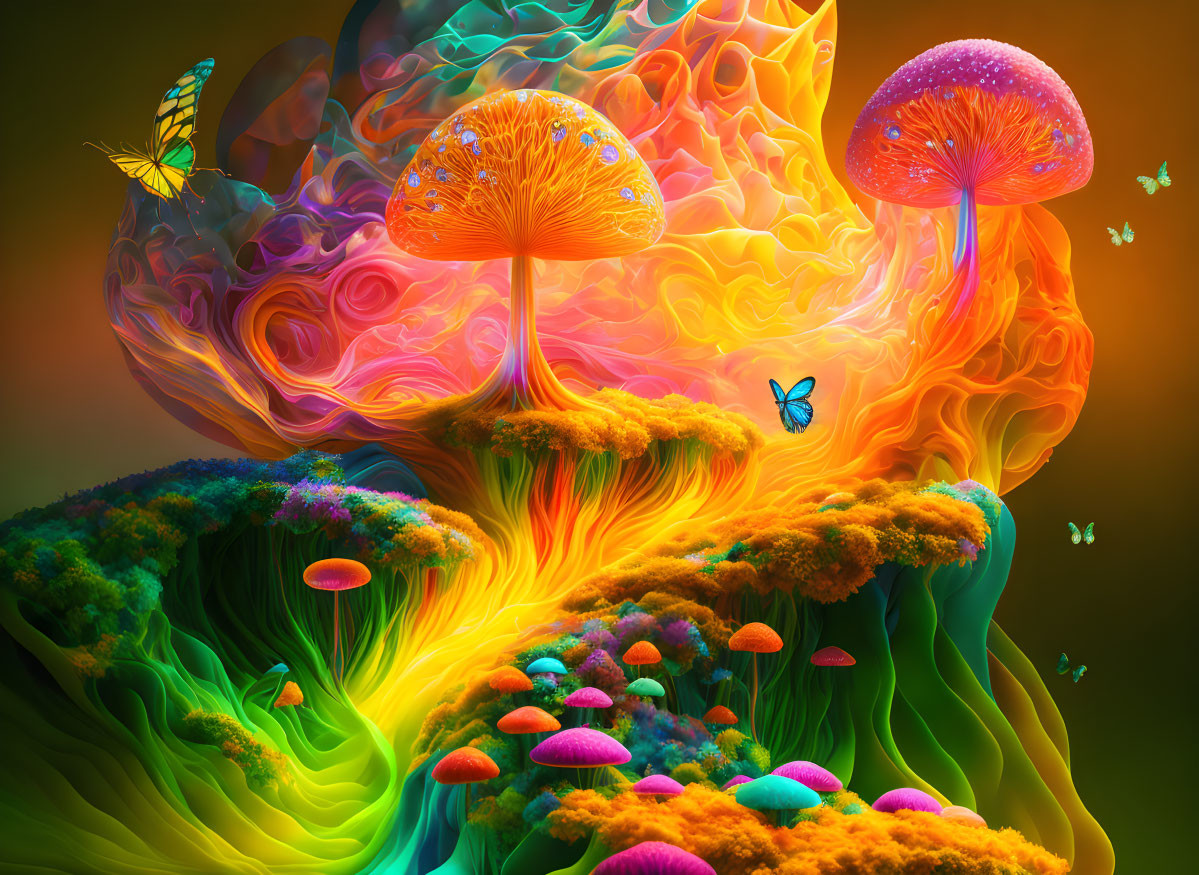 Colorful Psychedelic Artwork: Luminescent Mushrooms, Butterflies, and Lava