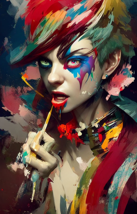 Colorful digital artwork of a woman with paint splatters, holding a paintbrush