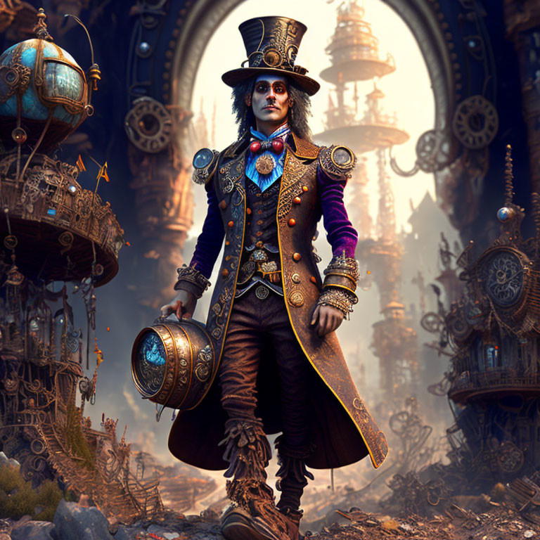 Steampunk-themed character with top hat and goggles holding a mechanical device