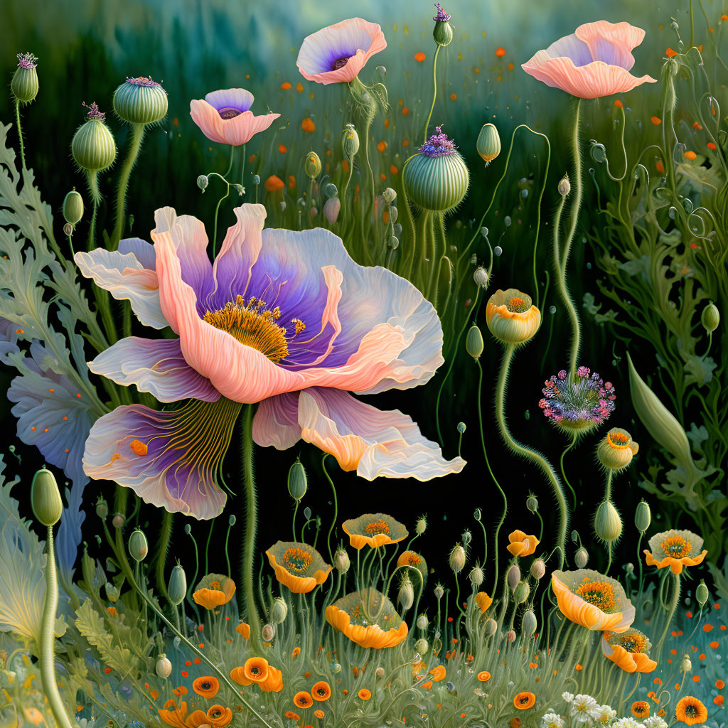 Detailed Painting of Vibrant Poppy Field in Pink and Orange