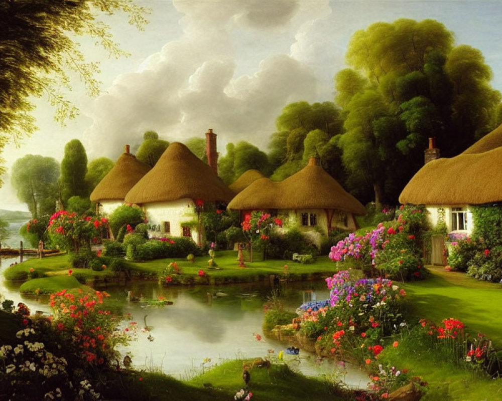 Thatched cottages, gardens, pond, flowers under cloud-dappled sky