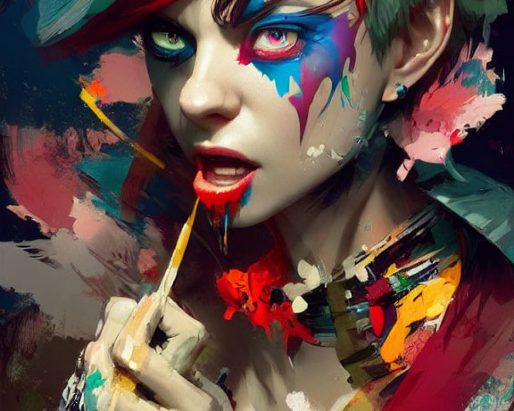 Colorful digital artwork of a woman with paint splatters, holding a paintbrush