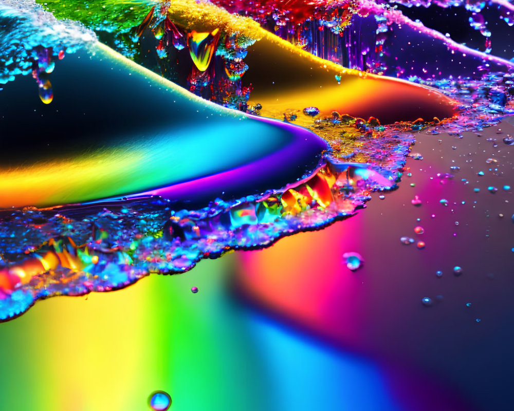 Colorful water droplets splash on vibrant liquid surface against black backdrop