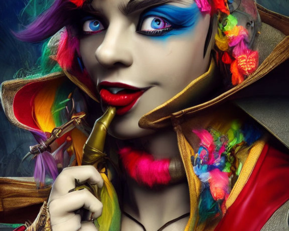 Colorful character with vibrant makeup, blue eyes, rainbow hair, and flowers posing with brass instrument