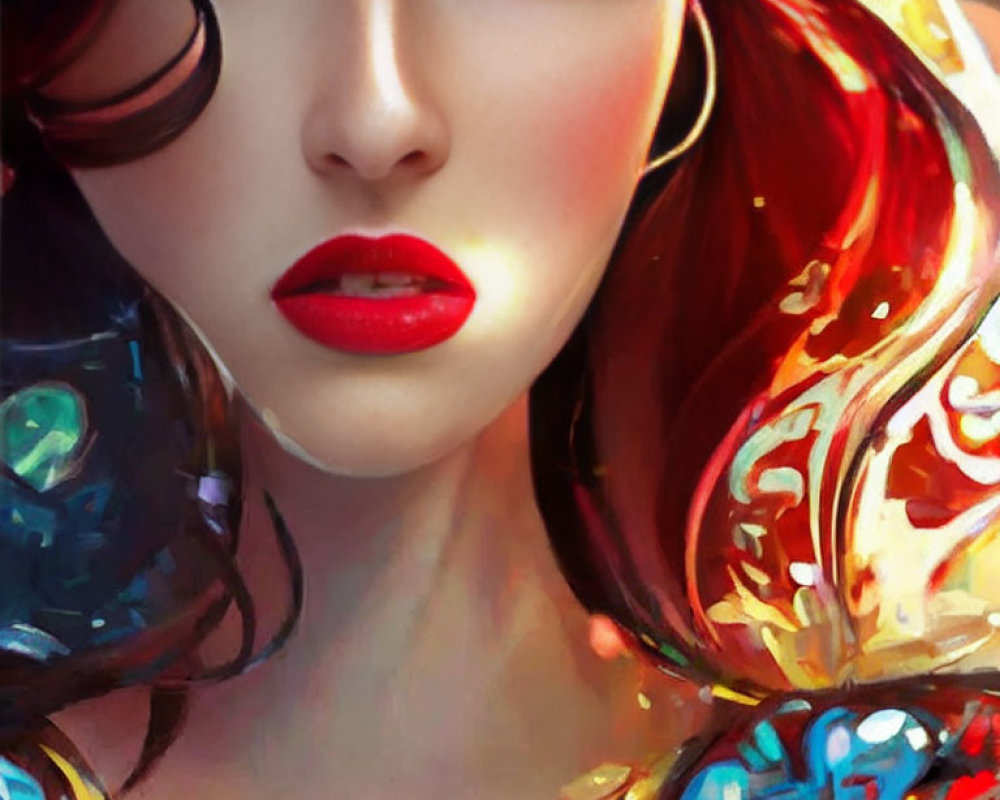 Detailed digital artwork: red-haired woman with vibrant lips and abstract hood.