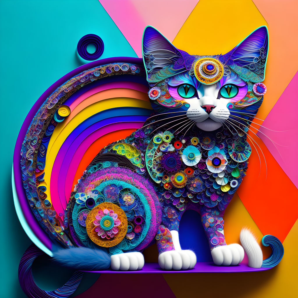 Colorful digital artwork: Cat with intricate patterns and spirals on geometric background