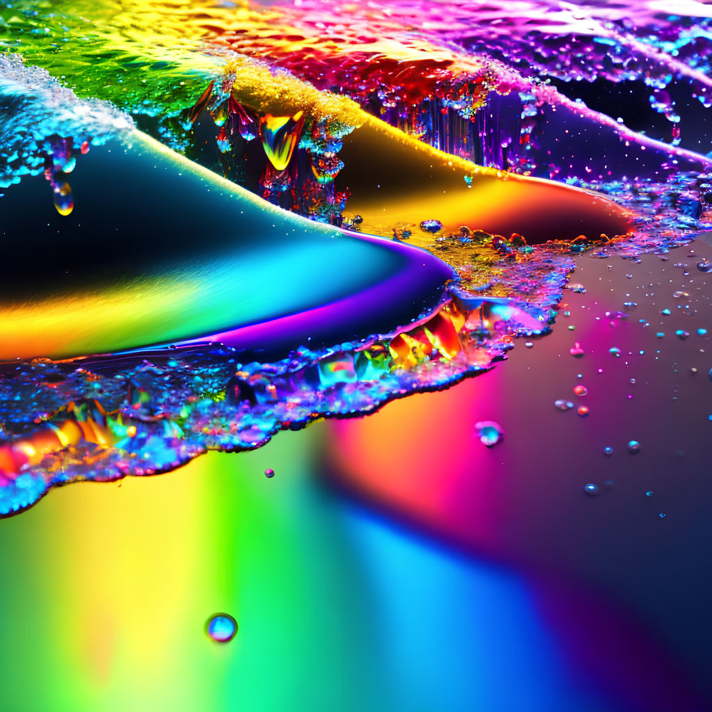 Colorful water droplets splash on vibrant liquid surface against black backdrop