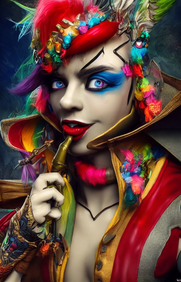 Colorful character with vibrant makeup, blue eyes, rainbow hair, and flowers posing with brass instrument