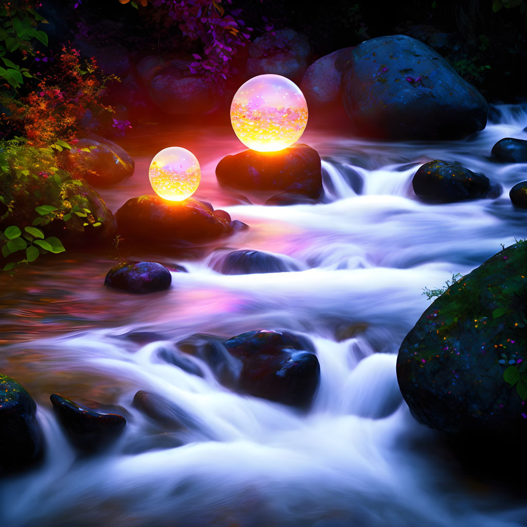 Tranquil Night Landscape with Glowing Orbs and River Rocks