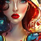 Detailed digital artwork: red-haired woman with vibrant lips and abstract hood.