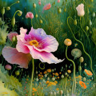 Detailed Painting of Vibrant Poppy Field in Pink and Orange