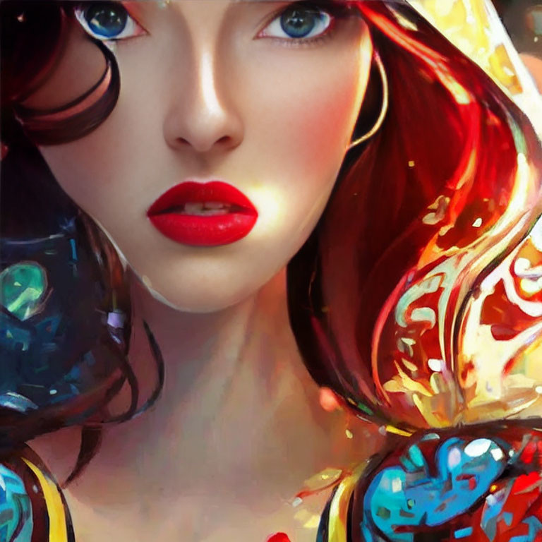 Detailed digital artwork: red-haired woman with vibrant lips and abstract hood.