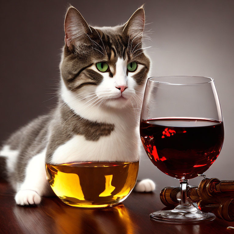 Green-eyed domestic cat beside red wine glass and overturned bottle