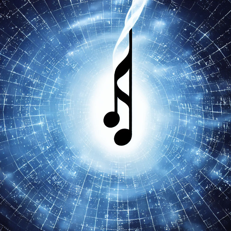 Black musical note on blue swirling digital background symbolizing technology and music.