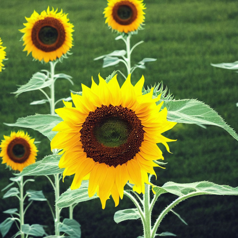 Bright yellow sunflowers in lush green field