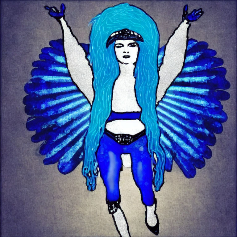 Person with Blue Hair and Wings in Blue Outfit on Gray Background