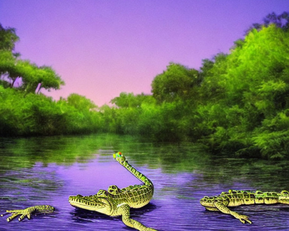 Colorful digital art: Stylized crocodiles on purple river, green background, pink sky