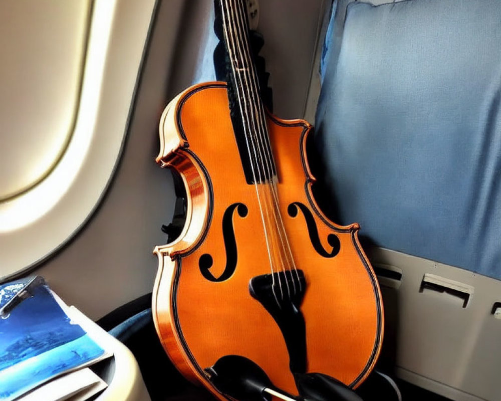 Violin on Airplane Seat Bathed in Sunlight