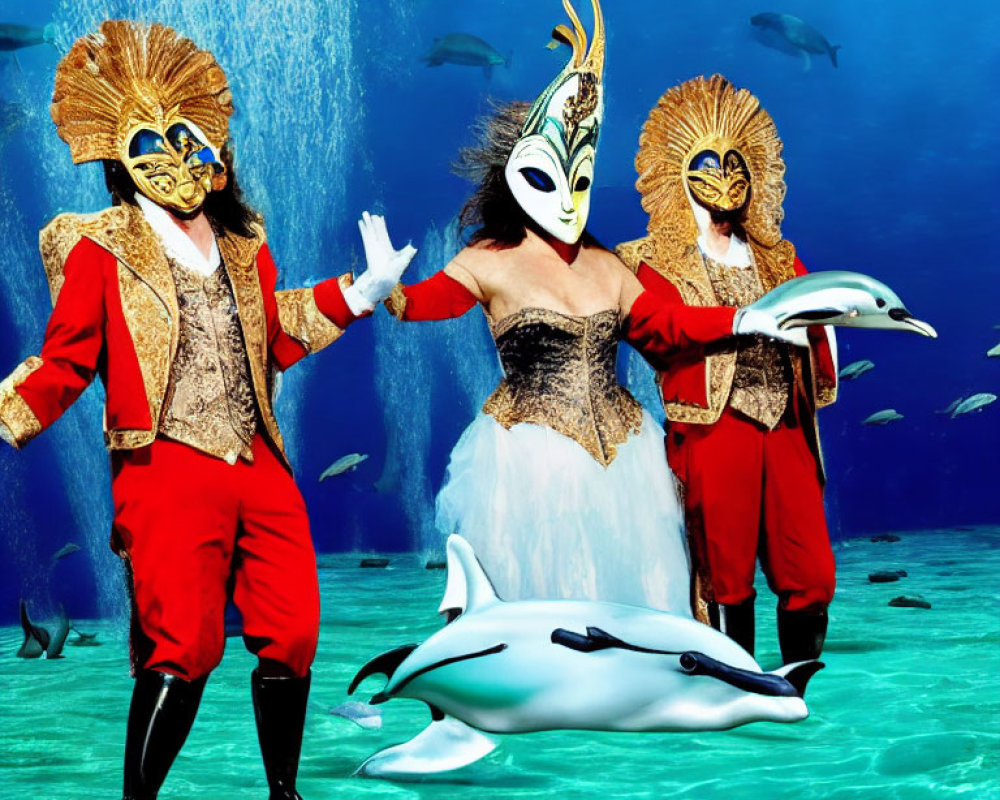 Three people in red and gold masquerade costumes posing underwater with a dolphin