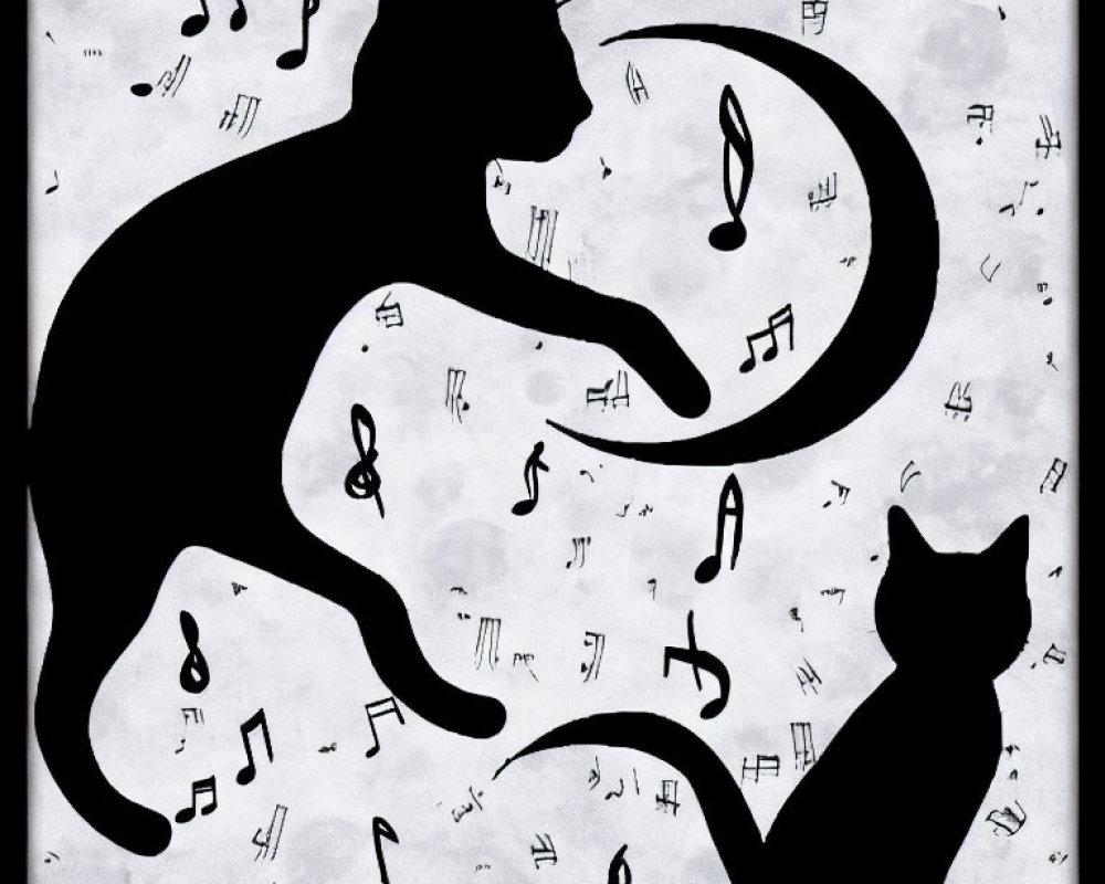 Silhouettes of Two Cats with Intertwined Tails and Musical Notes on White Background