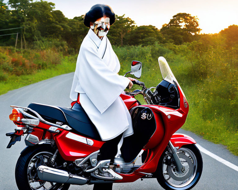 Person in lab coat and mask on red motorcycle on scenic road at sunset