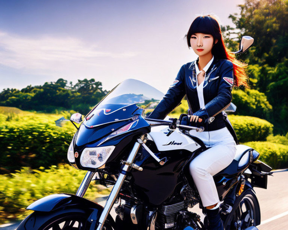 Long-haired person in black jacket on sporty motorcycle against sunlit road backdrop