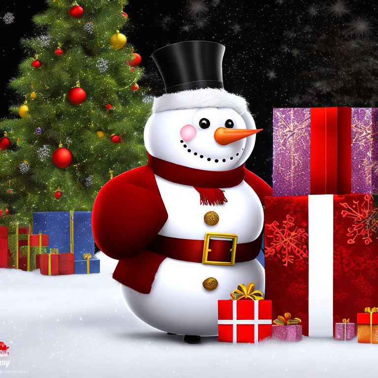 Cheerful snowman with top hat and red scarf by Christmas tree and gifts under snowy night sky