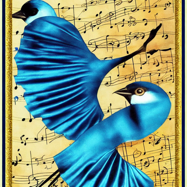 Blue bird in flight against sheet music backdrop and ornate golden border