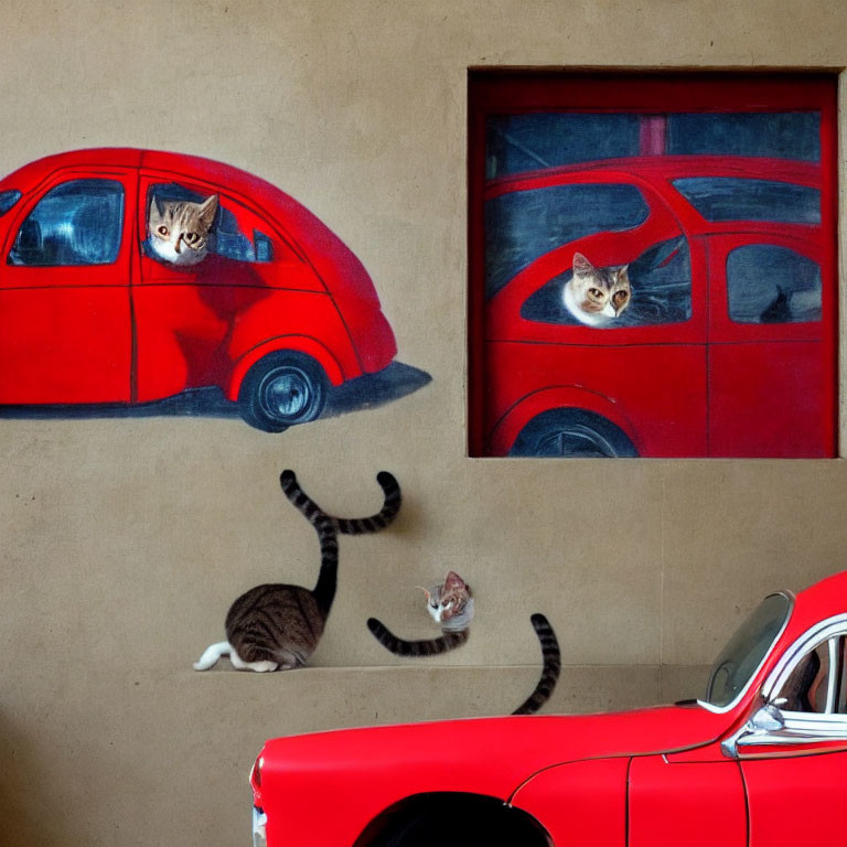 Wall mural featuring playful cats inside and outside red car, aligned with real car tail end