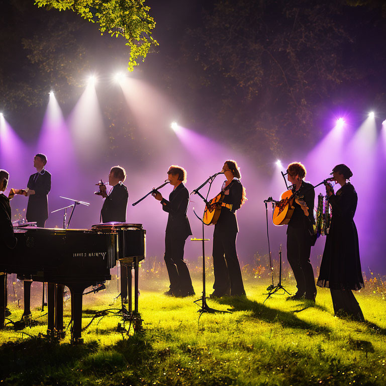 Nighttime outdoor musical performance under purple stage lights with piano, violins, and guitars.