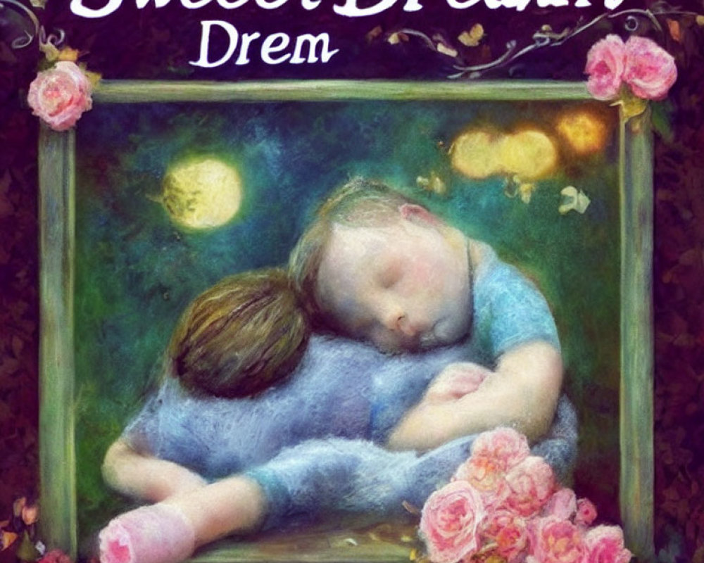 Children sleeping embraced with "Sweet Dreams" above, pink roses, starry night.