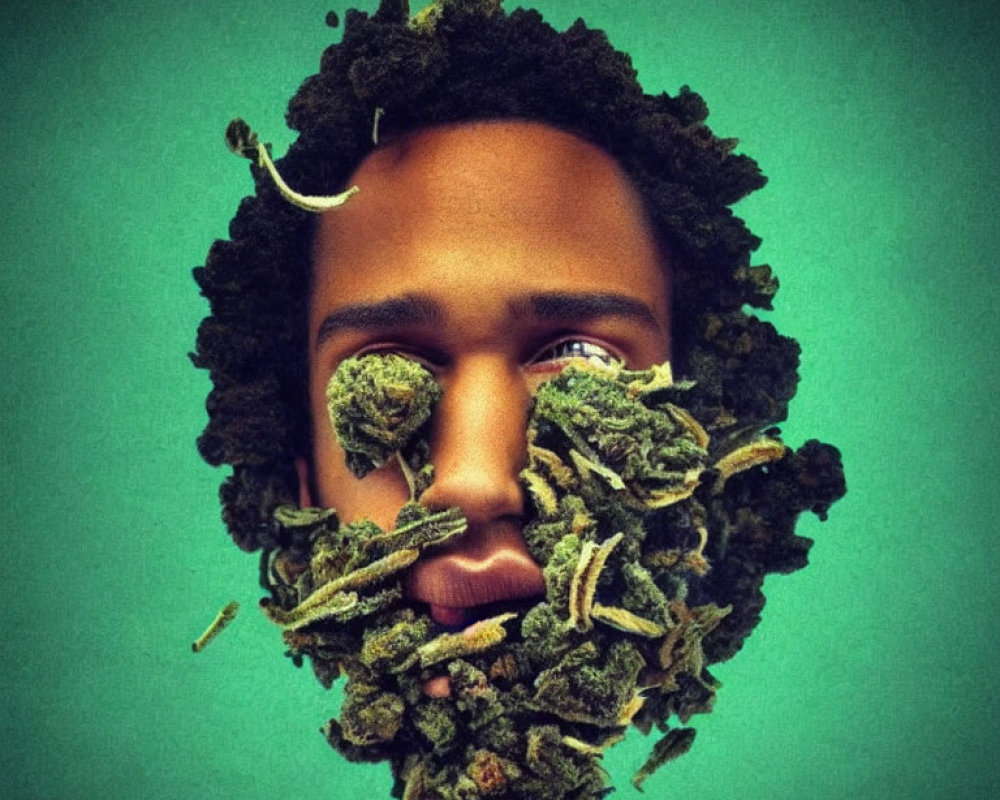 Portrait of a person with green cannabis buds beard and hair on teal background