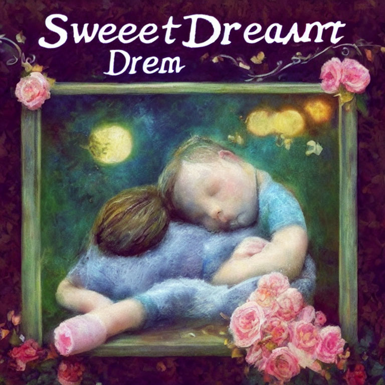 Children sleeping embraced with "Sweet Dreams" above, pink roses, starry night.