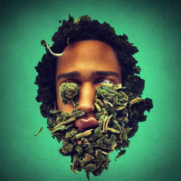 Portrait of a person with green cannabis buds beard and hair on teal background