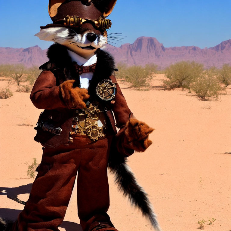 Elaborate anthropomorphic fox costume with steampunk accessories in desert