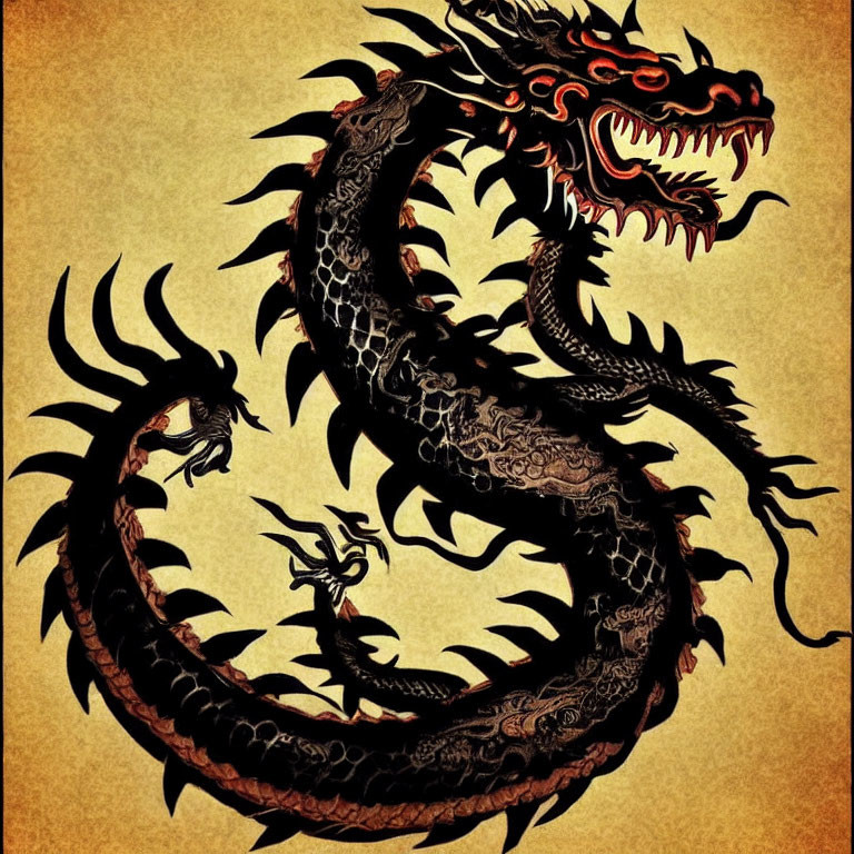 Red and Black Dragon Art on Golden Background