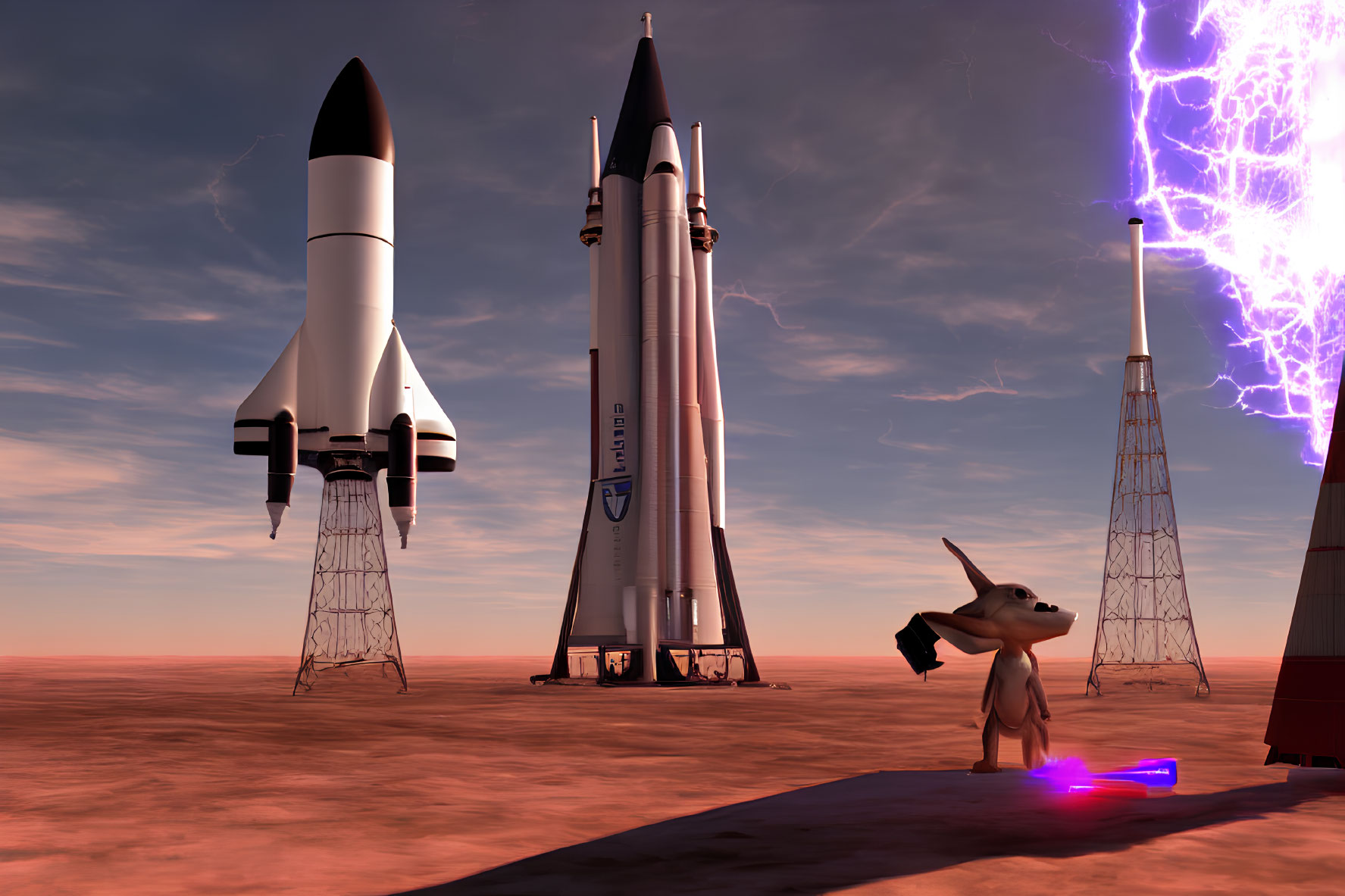 Futuristic rockets on alien landscape with humanoid alien and storm