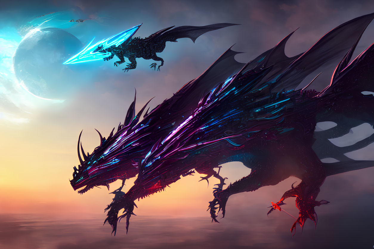 Cybernetic dragon with futuristic rider in sunset scene