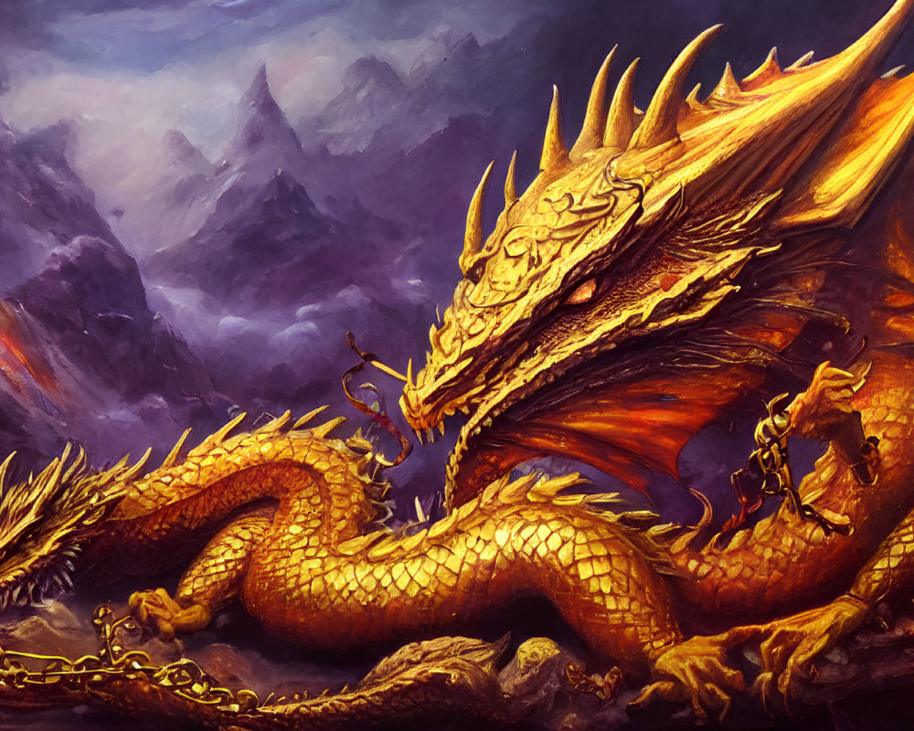 Golden multi-headed dragon with glowing eyes on rocky terrain