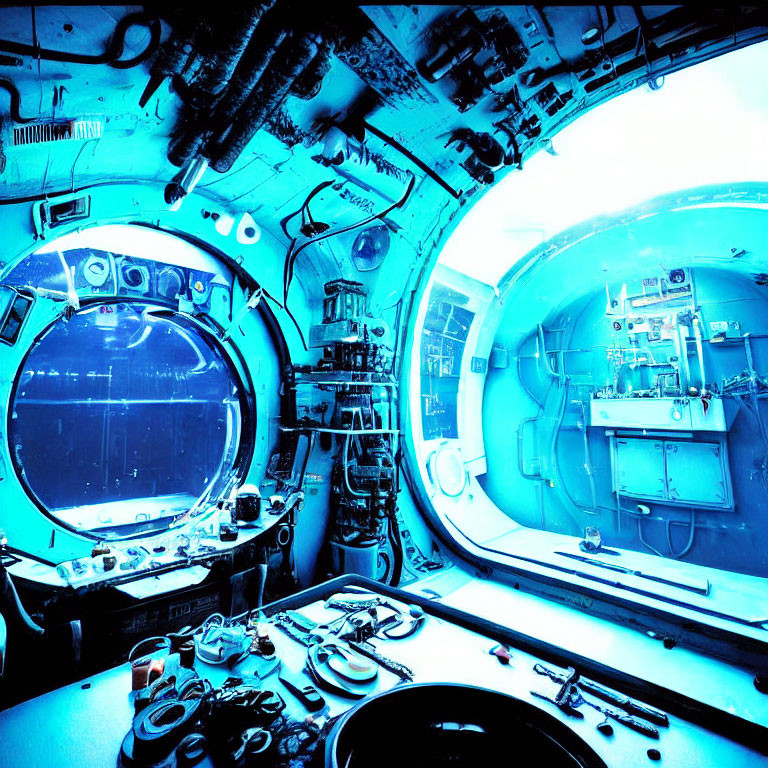 Blue-toned interior of spacecraft with equipment and circular hatchways