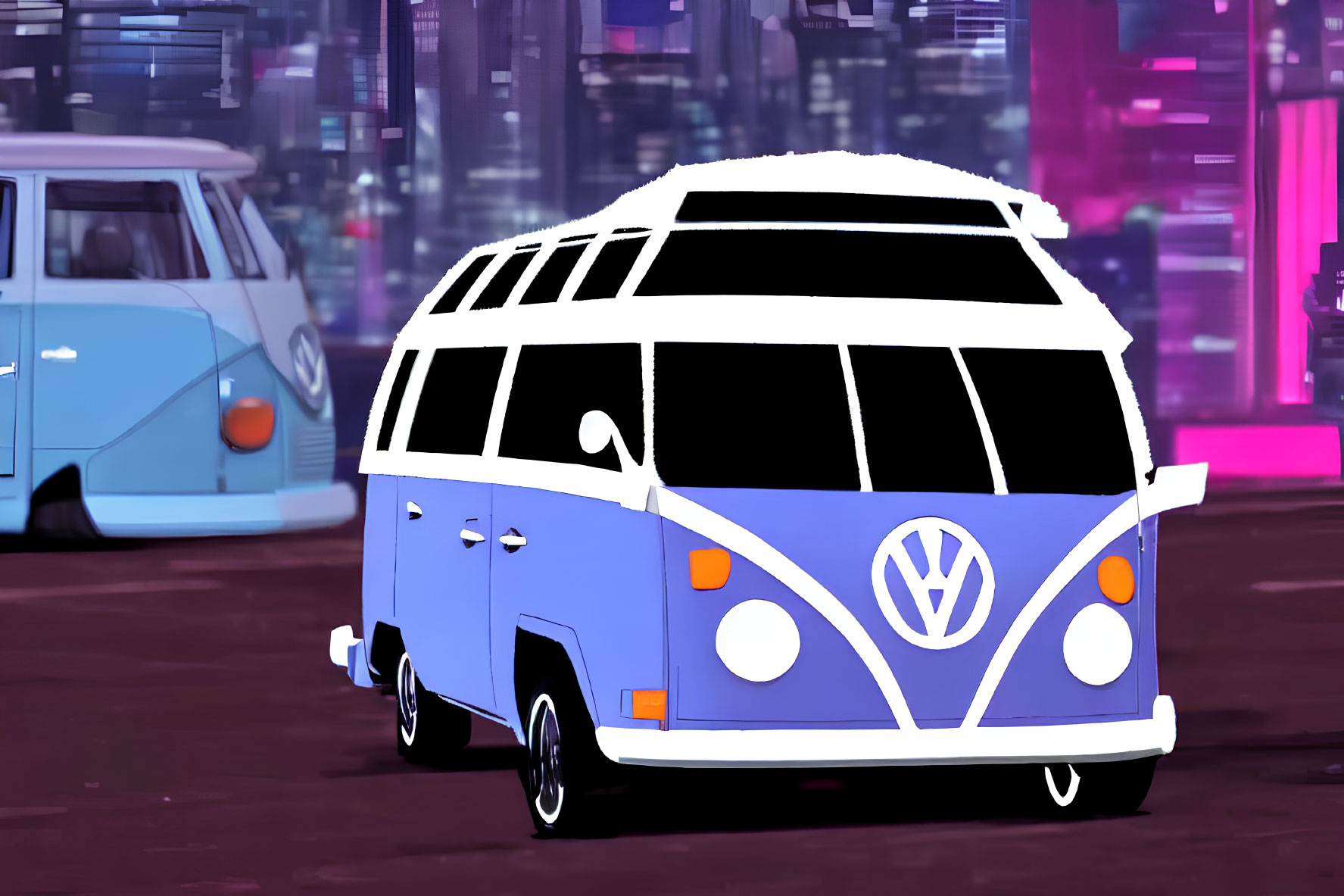 Vintage Volkswagen Vans Against Neon Cityscape: Retro-Futuristic Scene