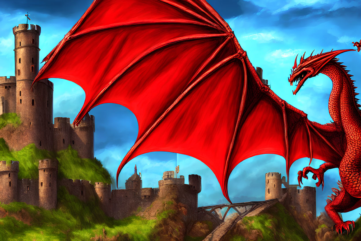 Red Dragon with Wings in Front of Stone Castle on Green Hill