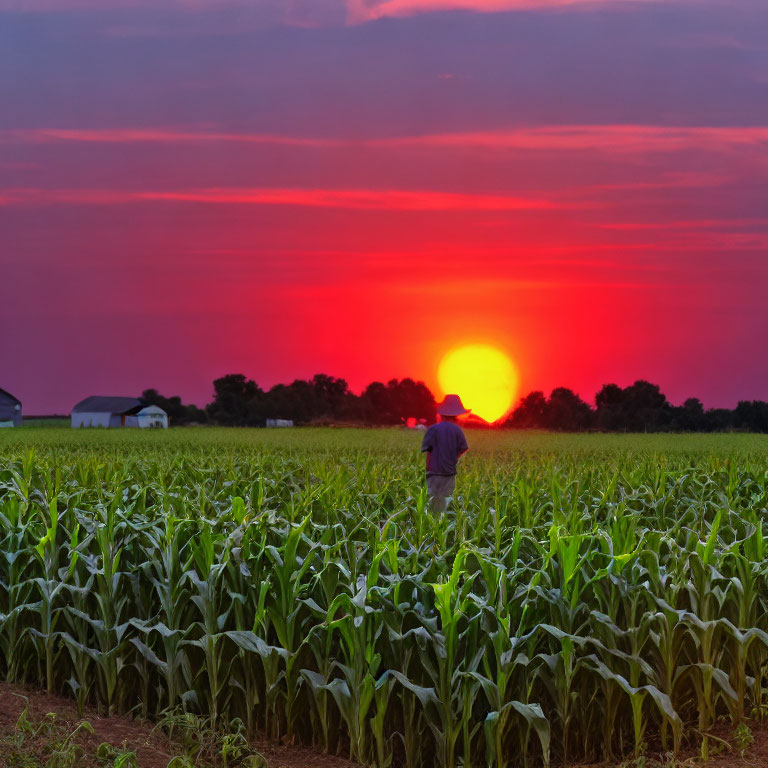 Sunset scene with farmer in lush cornfield.