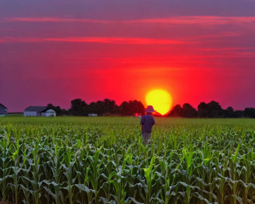 Sunset scene with farmer in lush cornfield.