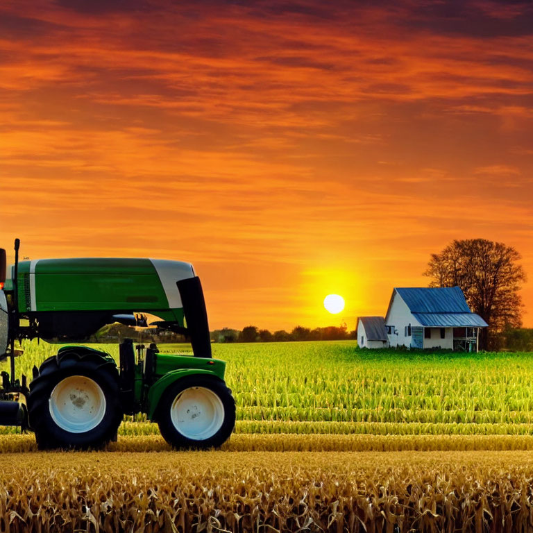 Green tractor in golden field at sunrise with white house and orange sky